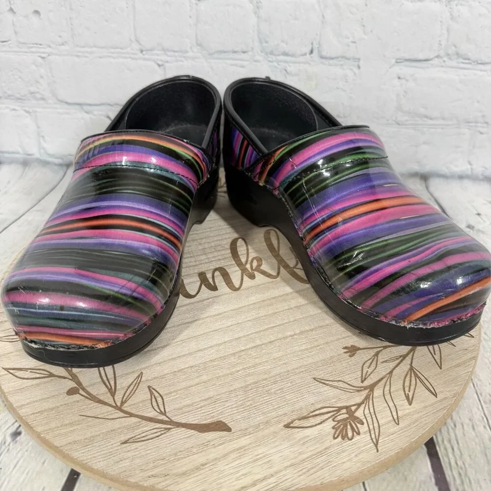 Dansko Professional Clogs Size 37 EU 6.5-7 US Rainbow Stripe Patent Leather Shoe